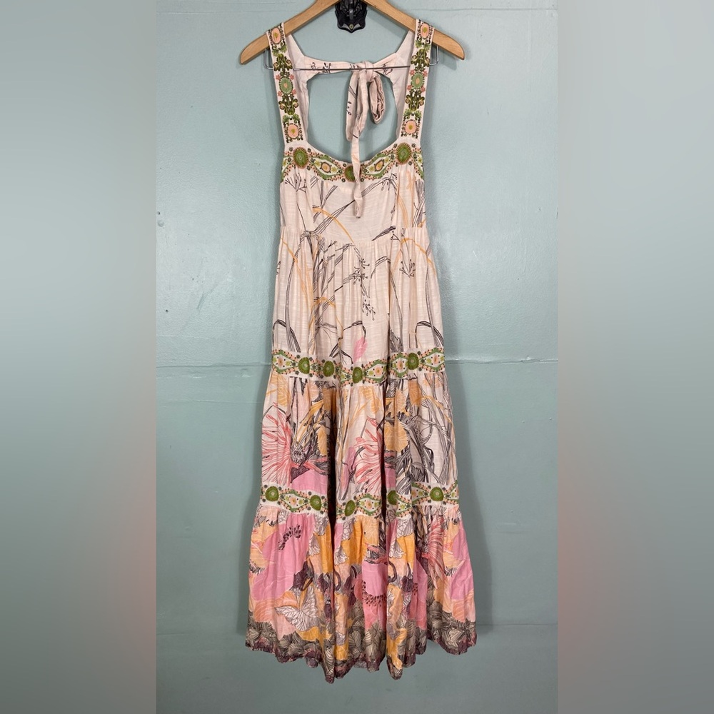 Anthropologie Square Neck Floral Embroidered Beaded Maxi Dress Small Petite - Picture 2 of 16
